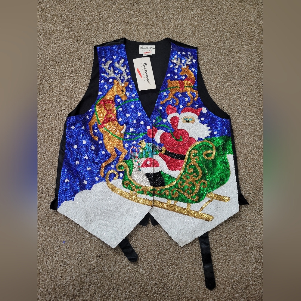 Vintage Fashion Fantasy M Santa Reindeer Sleigh Embellished Sequin Vest
